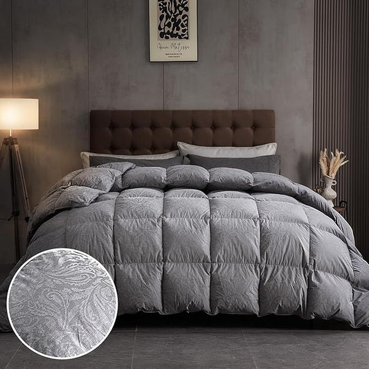 DAICO Goose Feather Down Comforter King Size, All Season Luxury Hotel Fluffy Duvet Insert, Ultra Soft 100% Cotton Shell with 8 Corner Tabs, Paisley Design (106x90'', Grey)