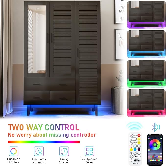 Hlivelood 3 Door Armoire Wardrobe Closet Cabinet with Drawers and LED Lights, Multi-Tier Shelves, Hanging Rod & 3 Louver Doors, Large Capacity Storage Wardrobe Armoire for Bedroom, Black