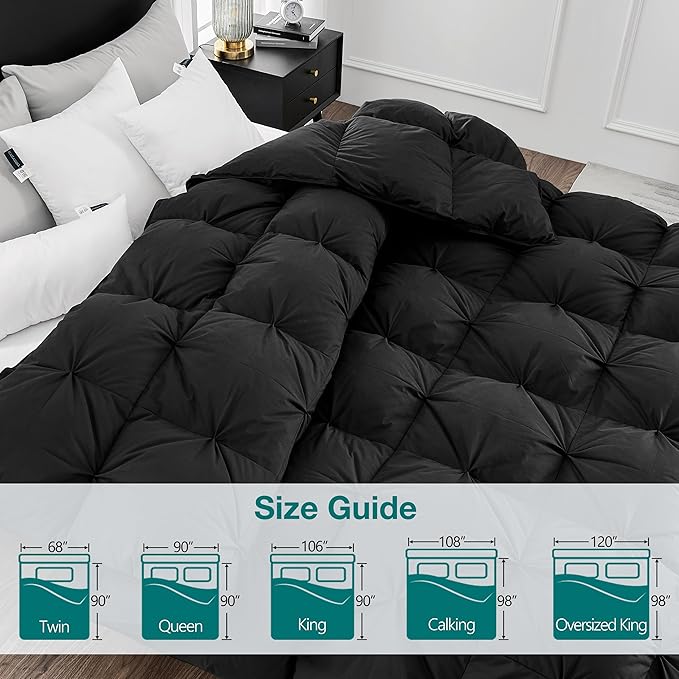 KAKABELL Pinch Pleat Goose Down Feathers Fiber Comforter Palatial King Size All Season-Ultra Soft and Cozy Noiseless Duvet Insert with Egyptian Cotton Blend Cover,Fluffy Warm Comforter Black,120"X98"