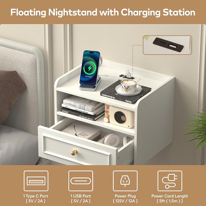 Floating Nightstand with Charging Station Set of 2, Modern Wall Mounted Bedside Tables with Drawer & Open Shelf, Modern Hanging Table with USB & Type C Ports for Bedroom, Small Spaces (AntiqueWhite) - Image 3
