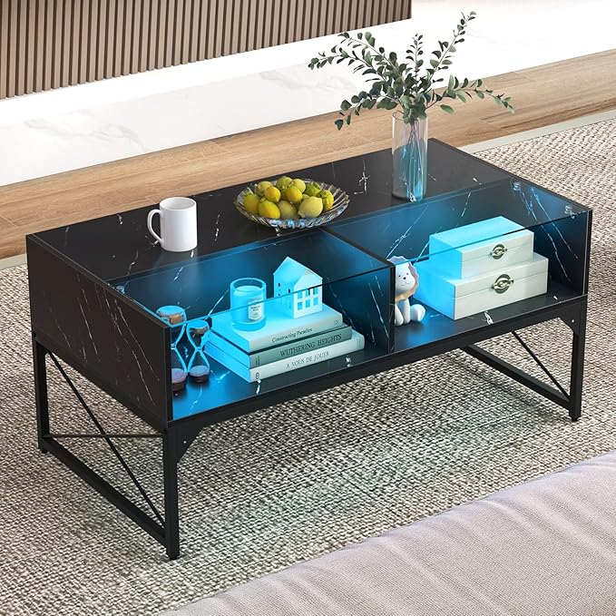 Giantex LED Coffee Table, High Gloss Coffee Tables with 4 Storage Cubes, 20-Color Lights, Remote Control, Faux Marble & Tempered Glass Top, Modern Accent Rectangle Center Table for Living Room (Black)