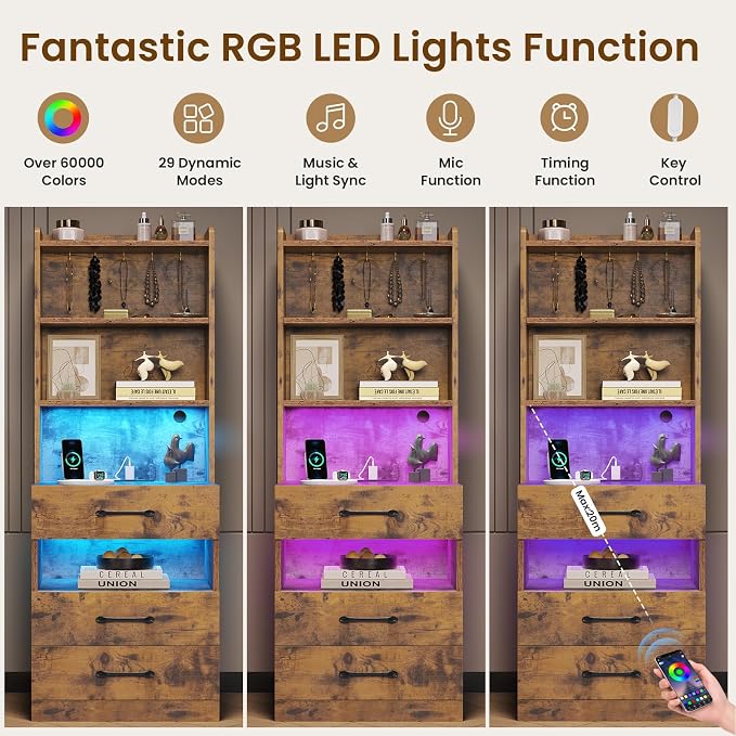 VIAGDO Tall Nightstand Set of 2 with Charging Station and LED Lights, Rustic Brown Night Stand Set 2 with Bookshelf, Modern LED Bedside Tables with 3 Drawers and Storage Shelves, Side Tables Bedroom - Image 5