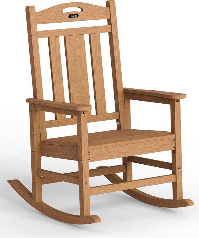 Ciokea Oversized Outdoor Rocking Chair, 380lbs Heavy-Duty Large Patio Rocker, Weather Resistant & Anti-Fade Porch Chair, High Back Cozy Rocking Chair for Outside, Fire Pit, Deck, Garden, Teak by CIOKEA