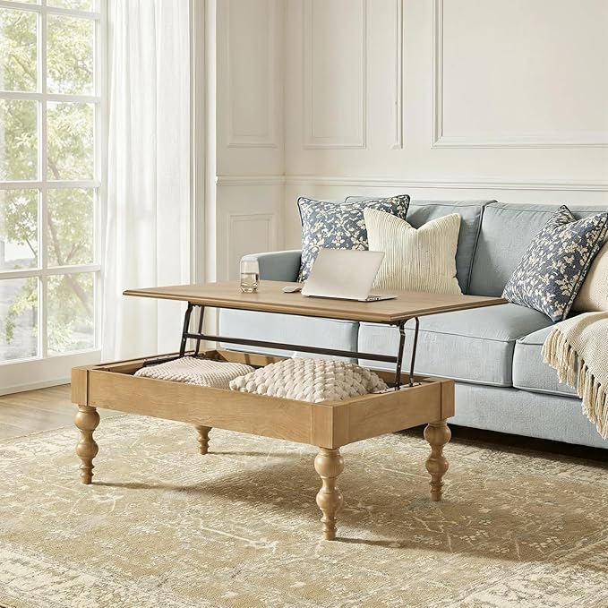 HULALA HOME Coffee Table Lift Top with Storage, Gourd-Shaped Legs, Wood Convertible Table for Living Room, Natural