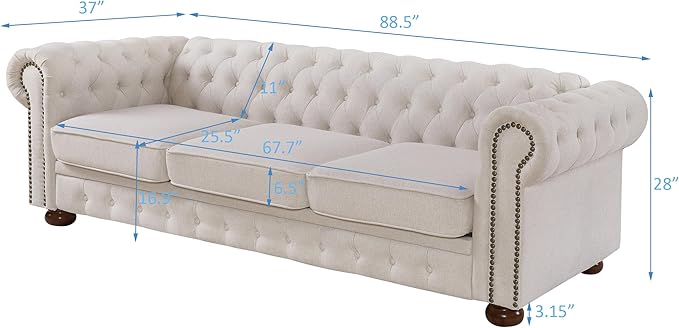ERYE 88-Inch Classic 3 Seat Chesterfield Sofa Couches for Living Room Bedroom, 3 Seaters Button Tufted Linen Fabric Upholstered Chesterfield Sofa Couch,Wood Legs | Button Tufted, Easy to Assemble, Nailhead, Removable Cushion