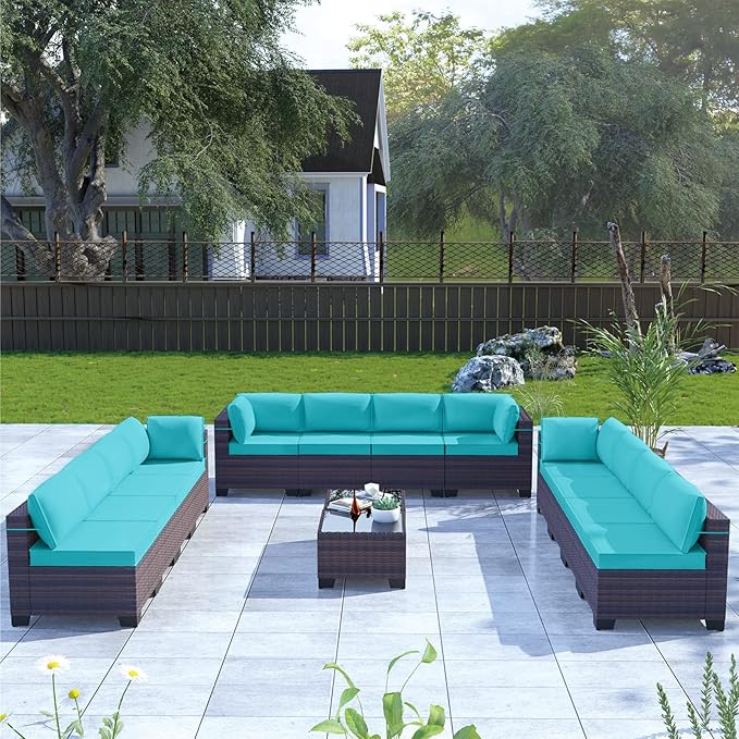 Kullavik 14 Pieces Outdoor Patio Furniture Set,Sectional Rattan Sofa Set Brown PE Rattan Wicker Patio Conversation Set with Tempered Glass Coffee Tables and Washable Cushions Covers,Turquoise Blue