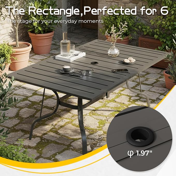 EROMMY 7-Piece Outdoor Patio Dining Set, 6 Wicker Swivel Rocking Chairs with 4" Cushions, Rectangular Table with Adjustable Umbrella Hole for Backyard, Deck, Black - Image 3