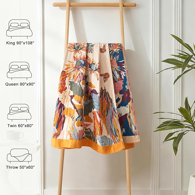 Boho Throw Blanket for Couch 100% Cotton Soft Breathable Butterfly and Floral Double Embroidery Spring Throw Blanket,50"x60" All Season Reversible Throws for Sofa Chair Bohemian Decor for Livingroom