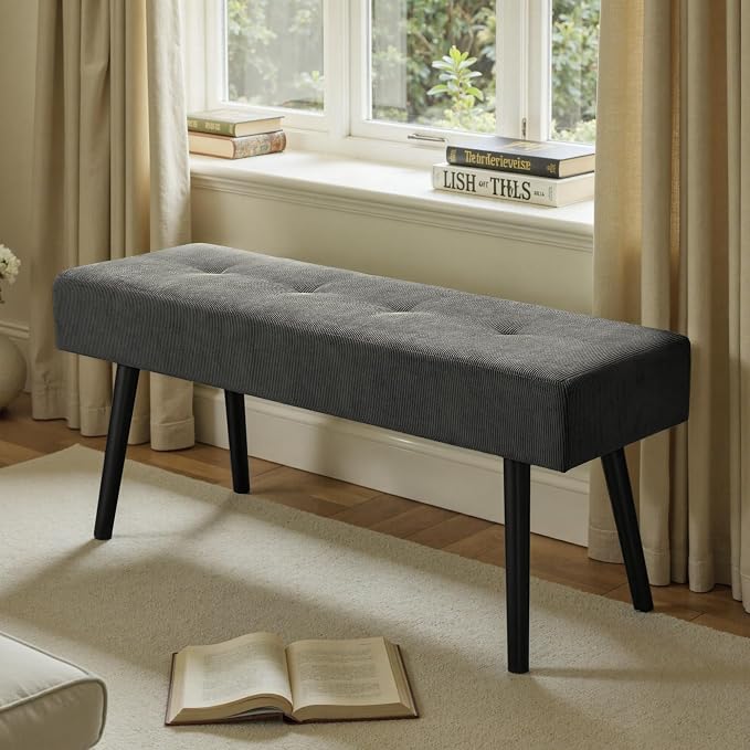 Comfy to go Entryway Bench - Grey Bench for Bedroom, Modern Ottoman End of Bed, Corduroy Padded Benches for Living Room, Foyer, Mudroom, Hallway - 39" L x 14" W x 17" H - Image 3