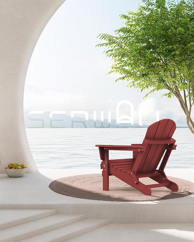 SERWALL Folding Adirondack Chair Set of 6 Weather Resistant Lawn Chairs with Cup Holder for Patio - Red - Image 7