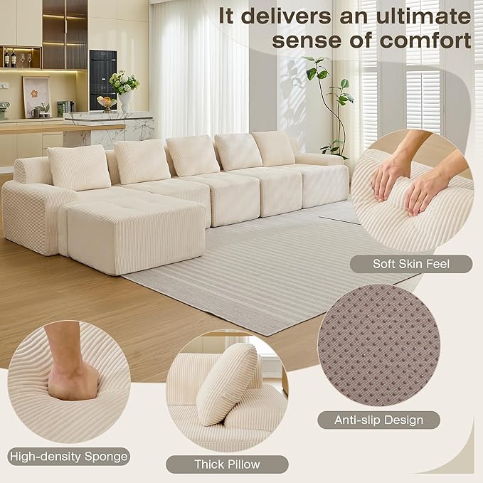 Modular Sectional Sofa, 6 Seat Modular Couch, Modular Sofa with Deep Seat and Detachable Pillow (White, 6 Pieces-L Shape)