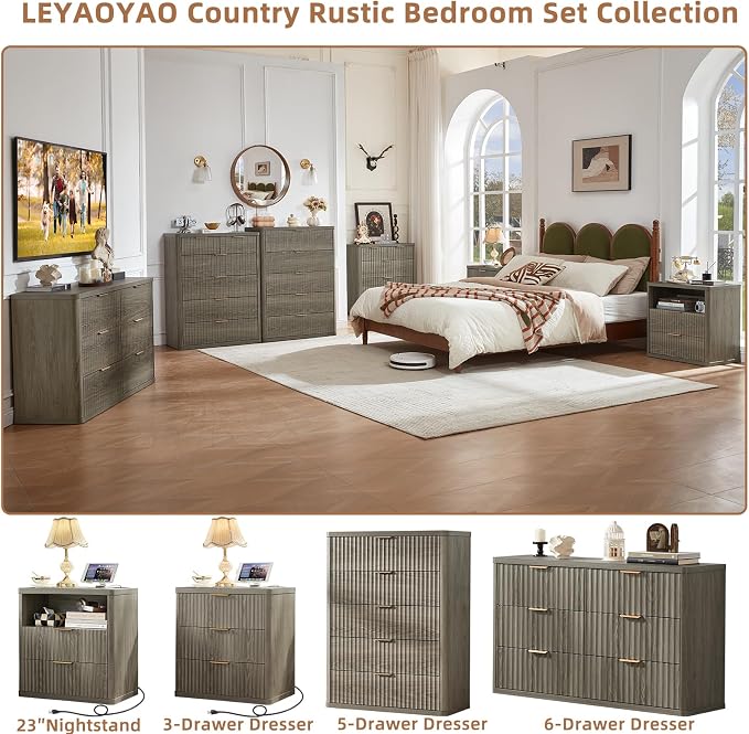 LEYAOYAO Fluted 5 Drawers Dresser for Bedroom, 41" Tall Modern Chest of Drawers with Metal Handle, Curved Profile Farmhouse Closet Organizer Wood Dressers TV Stand for Living Room, Hallway,Grey - Image 4