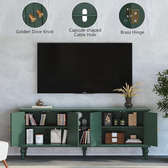 3More 67" Mid Century Modern TV Stand with Window Design,Wood Entertainment Center with Open Shelf,Up to 70" Media TV for Living Room or Bedroom,Green - Image 4