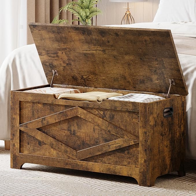 GarveeHome 39.4 in Storage Chest, Wooden Storage Bench with Safety Hinges, Easy Assembly, Large Shoe Bench for Entryway, Living Room, Bedroom - Image 4