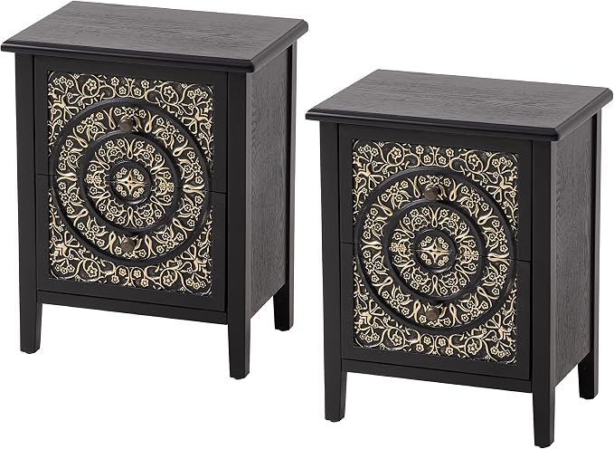 COZAYH Set of 2 2-Drawer Fully-Assembled Flower Motif Nightstand for Small Spaces, French Country, Modern, Distressed Finish,Gold & Black by COZAYH