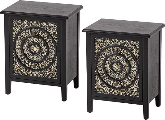 COZAYH Set of 2 2-Drawer Fully-Assembled Flower Motif Nightstand for Small Spaces, French Country, Modern, Distressed Finish,Gold & Black by COZAYH