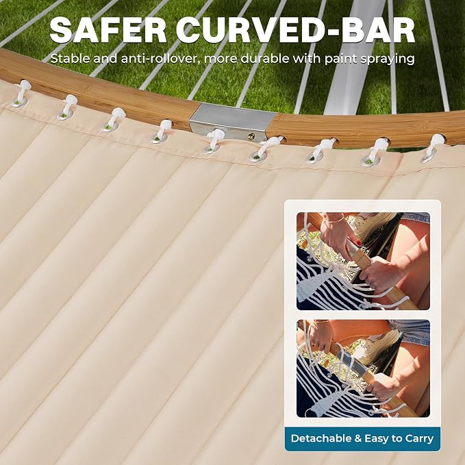 SUPERJARE Hammock with Stand, 2 Person Heavy Duty Hammock with Padded Cotton, Detachable Pillow & Strong Curved-Bar & Portable Carrying Bag, Perfect for Outdoor & Indoor, Beige - Image 7