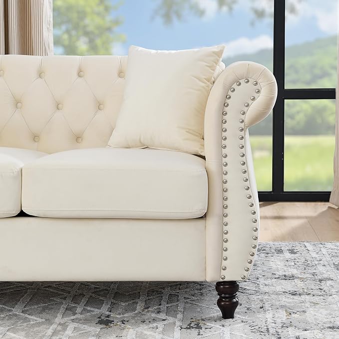 KEIKI Chesterfield Sofa, Retro Style Upholstered 3+3 Seats Velvet Couch with Rolled Arm for Living Room Bedroom Office, Beige