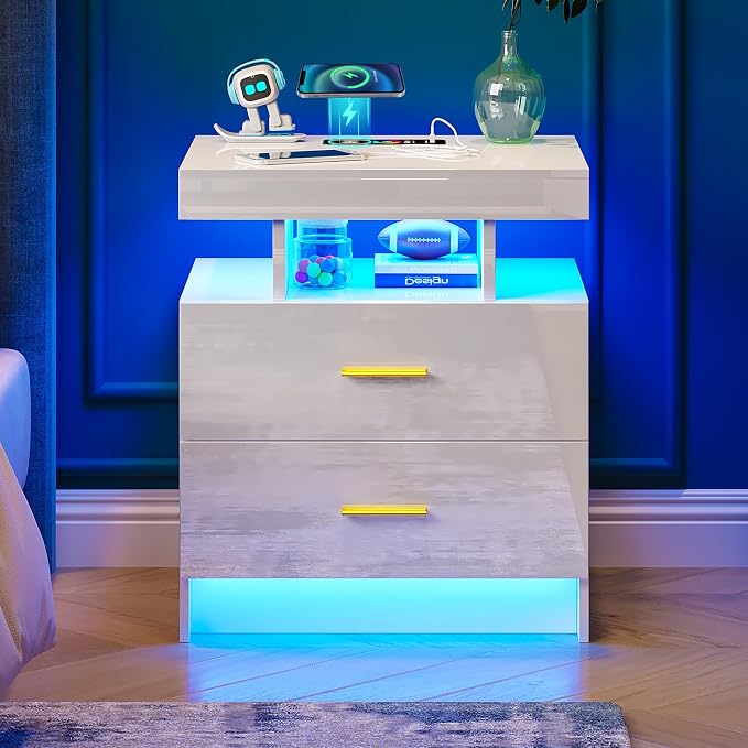 WOOVIVS Night Stand with Light, High Gloss Nightstand with USB/Wireless Charging Station, LED White Nightstands with Storage Drawers, RGB Side End Table for Bedroom Furniture（White - Image 9