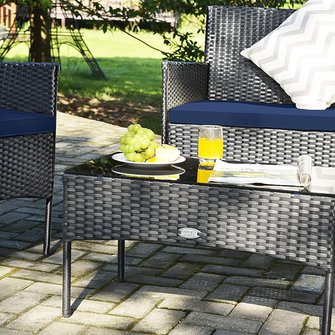 4 Pieces Patio Furniture Set, Outdoor Conversation Set with Ergonomic Curved Backrest, Patio Chair Set with Water-Resistant Cushion & Tempered Glass Table for Balcony, Porch (Navy Blue)