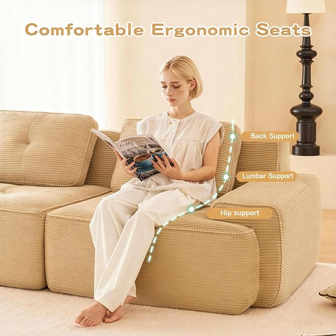 Casaphoria 115'' Boneless Sofa with Ottoman, 3-Seater Modular Couch with 3 Pillows for Living Room, L Shape Cloud Sectional Sofa, No Assembly, Camel
