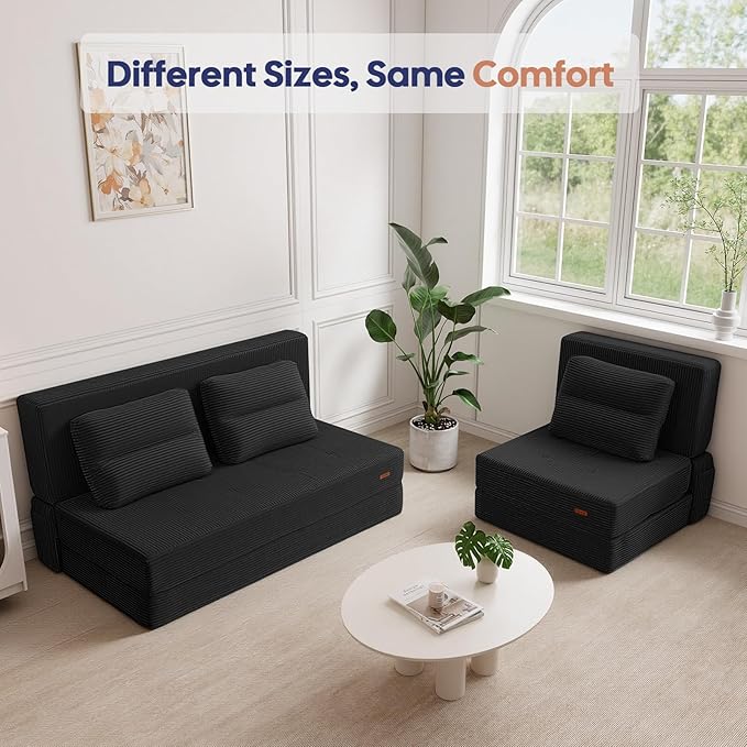 COMAX Folding Sofa Bed, Foldable Couch for Bedroom, Convertible Floor Sleeper Futon Chair Foam, Corduroy 3 in 1 Fold Out Chair Portable Comfy Lounge Couch Sofa Bed for Small Space, Full, Black