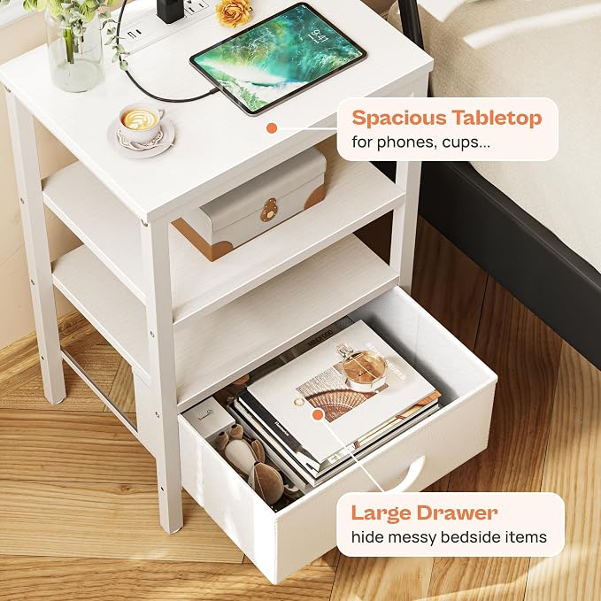 SUPERJARE Nightstand with Charging Station, Bed Side Table with Adjustable Fabric Drawer, Night Stand for Bedroom, 3-Tier Storage End Table, for Living Room, White - Image 6