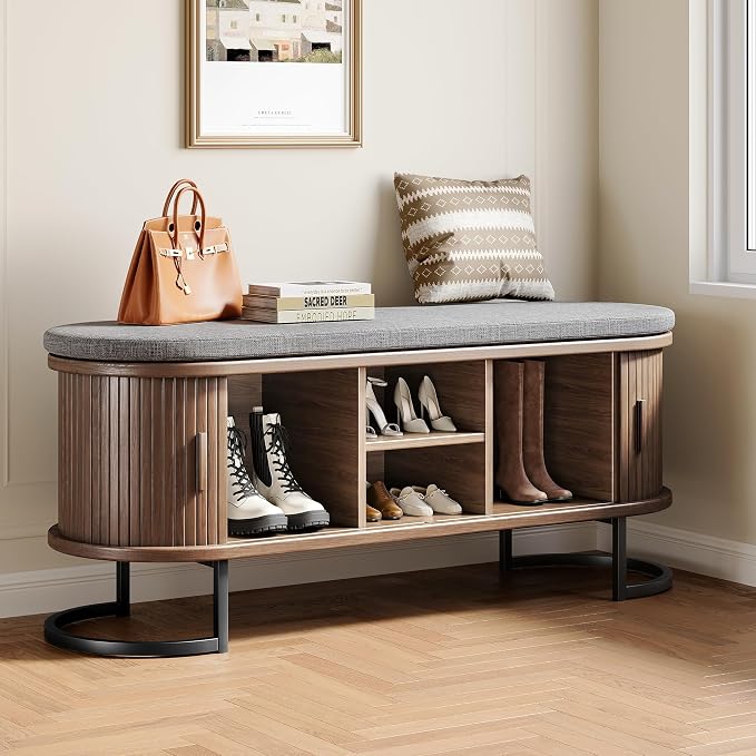Decofy Storage Bench with Cushion and Sliding Doors, 47.2 Inch Large Entryway Shoe Bench with Sturdy Metal Feet, Multi-Functional for Entrance Hall, Bedroom, Living Room (Walnut) - Image 7