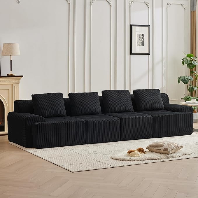 Modular Sectional Sofa with Movable Ottoman, 4 Seat Deep Seat Couch with 4 Pillows, Comfy Cloud Sectional Sofa for Living Room, Bedroom and Apartment (Black, 1 Left+1 Right+2 Middle)