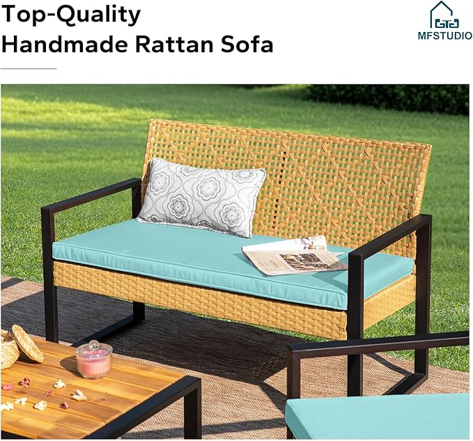 MFSTUDIO Outdoor Sofa Set for 4, Small Patio Couch with 2 Armchairs & Wood Table, Porch Wicker Loveseat Furniture Set for Deck, Backyard, Mint Green