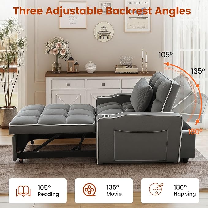 Sleeper Chair, Convertible Pull Out Chair Sleeper with Bracket and Cup Holder, Chairs Bed Sleepers for Adults, 3 in 1 Sofa Bed Chairs for Small Spaces, Living Room, Gray