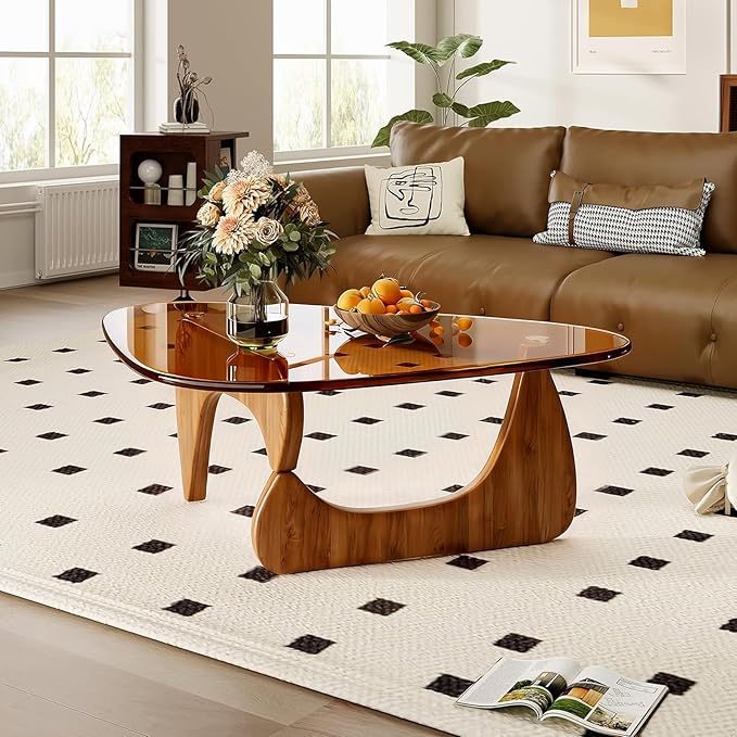 Small Coffee Table, Modern Glass Coffee Tables for Living Room, Mid Century Coffee Table, Funky Minimalist Center Tables for Bedroom Reception Office (Walnut Brown, 31.5in)