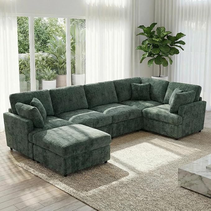 ERYE 122-Inch Modern Corner Modular Sectional Sofa Couches with Ottoman and 4 Toss Pillows, Comfy Chenille Upholstered U-Shaped Sofa Convertible L-Shaped Symmetrical Couch