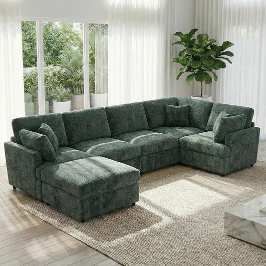 ERYE 122-Inch Modern Corner Modular Sectional Sofa Couches with Ottoman and 4 Toss Pillows, Comfy Chenille Upholstered U-Shaped Sofa Convertible L-Shaped Symmetrical Couch
