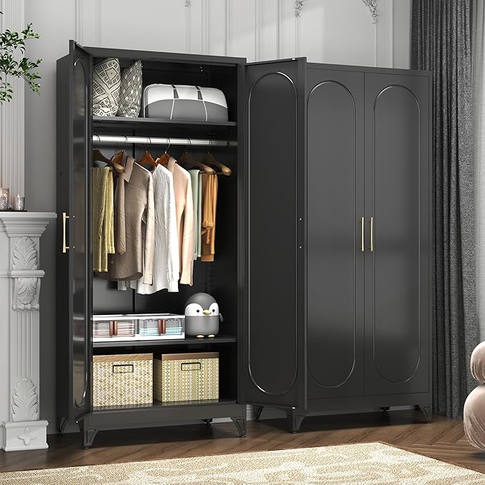 Metal Armoire Wardrobe Closet with 2 Doors, 71" Black Wardrobe Cabinet with Hanging Rod and Adjustable Shelves, Tall Clothing Storage Cabinets for Bedroom, Laundry Room, Home Office