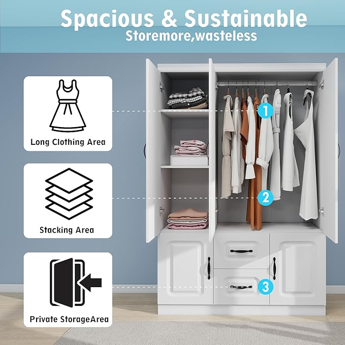 Wooden Armoire Wardrobe Closet：Modern Armoire Wardrobe Closet with 3 Doors, 2 Drawers and Hanging Rods for Tall Cabinet, Large Capacity Clothes Storage Cabinet for Bedroom Home, White
