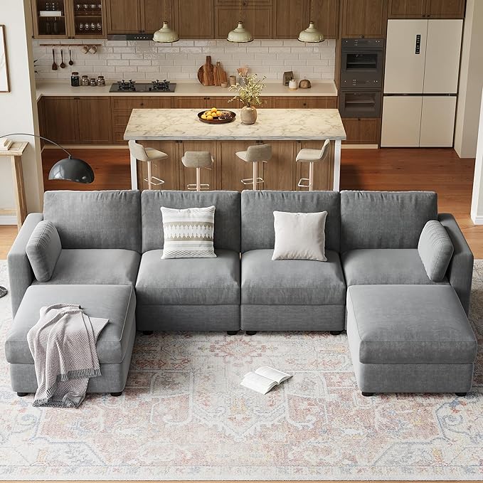 GAOMON Oversized Modular Sectional Sofa, 6 Seater Sectional Couch, 136" U Shaped Sofa with Movable Ottoman, Convertible Modular Couch for Living Room Apartment and Office, Chenille Grey