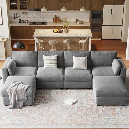 GAOMON Oversized Modular Sectional Sofa, 6 Seater Sectional Couch, 136" U Shaped Sofa with Movable Ottoman, Convertible Modular Couch for Living Room Apartment and Office, Chenille Grey