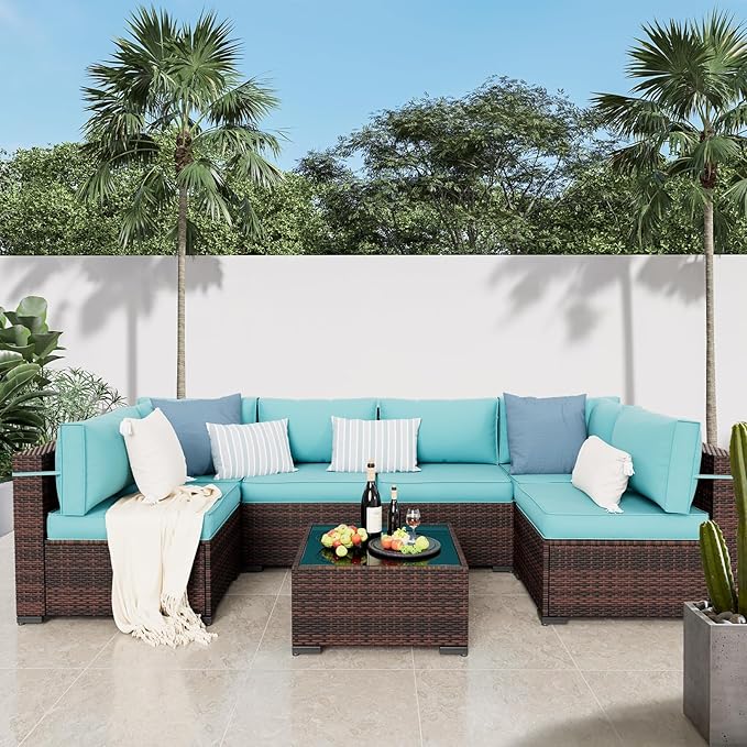 Amopatio Patio Furniture Sets with Waterproof Cover 7 Pieces Patio Conversation Set Outdoor Sectional Wicker Rattan Sofa,Patio Furniture with Pillows Fits Porch Garden Backyard Balcony(Sky-Blue)