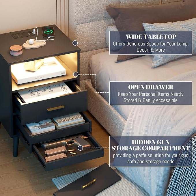 LVSOMT Black Bedroom Nightstand with Charging Station and LED Lights, Modern Bedside Table with Hidded Drawer, Smart Night Stand with Open Storage Shelf, USB Port, Metal Legs - Image 3