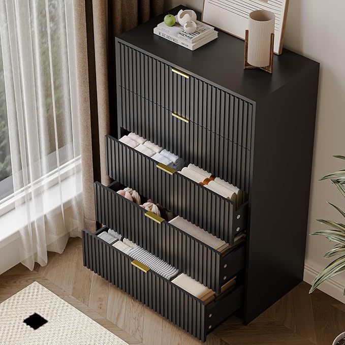 MAISONARIA 3-Piece Dresser Bedroom Set, 5 Drawer Dresser & 3 Drawer Nightstands with Gold Handles, Fluted Wood Chest of Drawers for Bedroom, Living Room, Entryway, Black