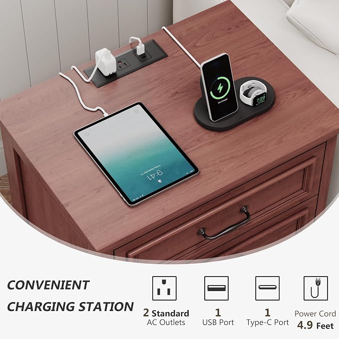 Farmhouse Nightstand Set of 2, Wood Night Stand with 3 Drawers and Charging Station Modern Bedside Table for Bedroom End Side Table Storage Cabinet Small 6 Drawers Dresser (2, Cherry Brown) - Image 4
