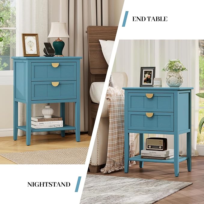 Blue Wood Nightstand with 2 Drawers and Open Shelf, Modern Bedside Table with Solid Wood Frame and Golden Handles, Narrow Wooden Side Table for Bedroom, 1 PC - Image 5