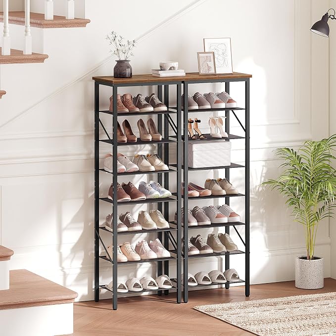 MAHANCRIS 8 Tier Narrow Shoe Rack Organizer, Tall Slim Shoe Storage for Small Space, Holds 8-16 Pairs, Metal Shoe Shelf with Wooden Top for Entryway Closet Bedroom, Rustic Brown and Black SRHR08401 - Image 7