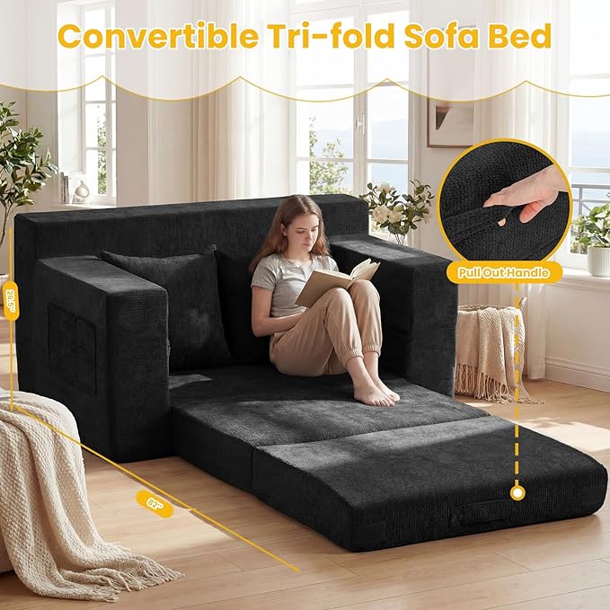 Boneless Loveseat Sleeper Sofa Bed: 3-in-1 Convertible Sofa Bed with Side Pockets & Handle,Pull Out Couch with 2 Pillows,Folding Futon for Small Space,Living Room & Bedroom,Chenille Fabric,No Assembly