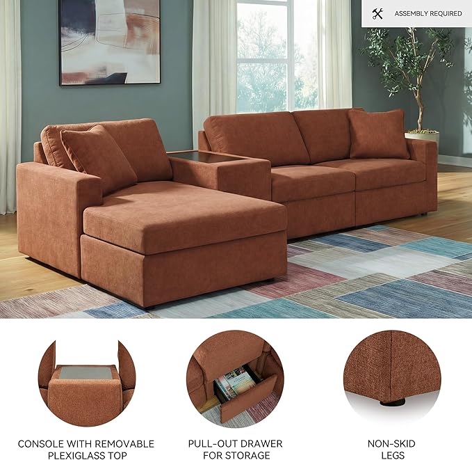 Signature Design by Ashley Contemporary Modmax Stain Resistant L-Shape Left-Arm Facing 4-Piece Sectional with Chaise and Storage Console, Orange