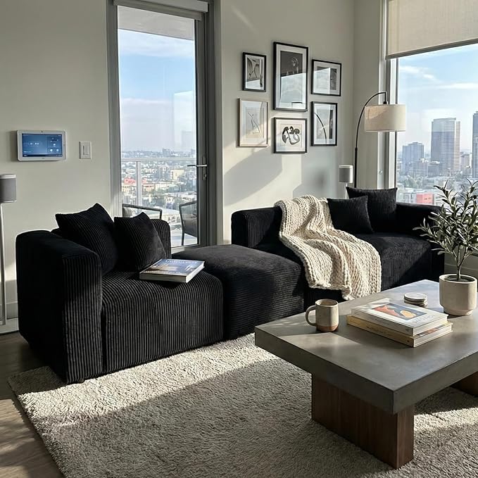 Acanva Convertible Modular Sectional Sofa with Movable Ottomans, Free Combination Corduroy Couch for Living Room Apartments, L-Shaped, Black