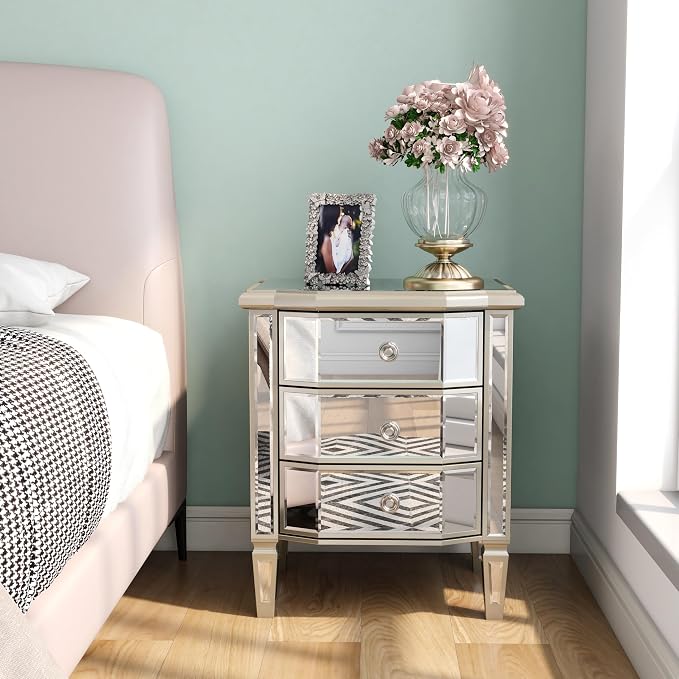 SHYFOY Mirrored Gold Nightstand with 3 Drawers, Antique Bed Side Table Night Stand, Mirror Finished Modern Accent Bedside Table, Glass Nightstand for Bedroom Living Room - Image 7