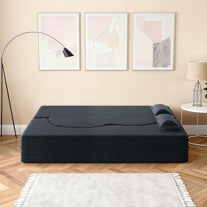 78" Convertible Sofa Bed, 2-in-1 Folding Floor Couch with 2 Pillows, Sleeper Sofa for Living Room and Bedroom, No Assembly Required (Dark Grey, Corduroy Fabric)