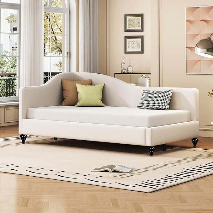 Merax Twin Size Bed Frame Daybed, L-Shaped Linen Day Bed Corner Sofa for Living Room & Guest Room, No Box Spring Needed, Beige